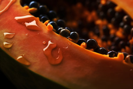 Generative AI, Macro Fresh half of papaya fruit background. Tropical exotic closeup photo with dropsの素材