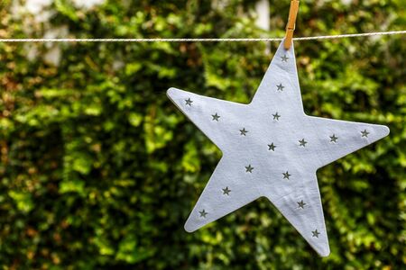 A beautiful white star hanging from a rope with a green background, in a yard