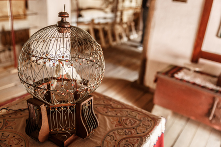 Ancient and beautiful birdcage
with a white bird inside, on a tableの写真素材