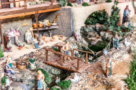 View of a beautiful manger full of details and characters from the time of the birth of Jesus Christ, Christmas.の写真素材