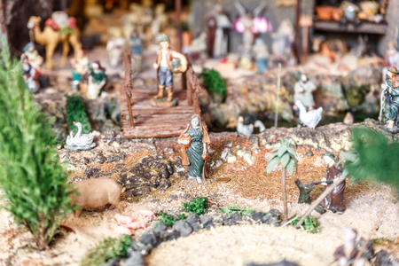 view of many details, characters and animals of a cute manger, at Christmas timeの写真素材