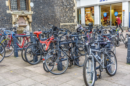 Group of bicycles parked in the central area of the city of Norwich, UKのeditorial素材