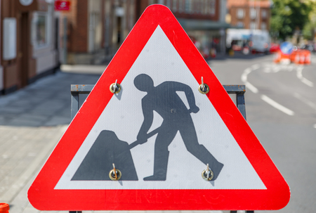 Sign of works in the middle of a street in the city of Norwich, UKの写真素材