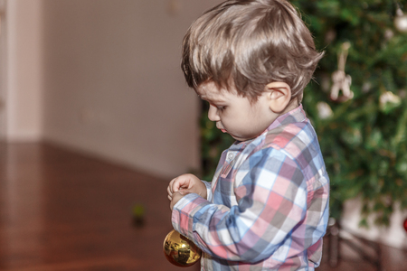 A little boy holds in his hands a golden decorative ball next to the Christmas treeの写真素材