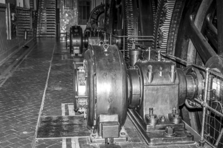 View of a part of a large engine room, which controls the operation of several subway trainsの写真素材