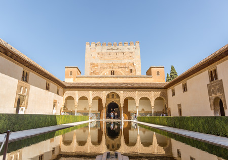 Picturesque myrtles court with facade of comares palace, king's residence, and its reflections in Alhambra, Spainのeditorial素材