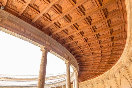 Panoramic view of the corridor of courtyard of the palace of Charles V of Alhambra palace, Spainのeditorial素材