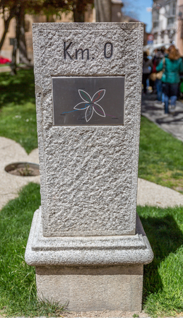 Stone sculpture announcing the KM 0 in the city of Segovia, Spain