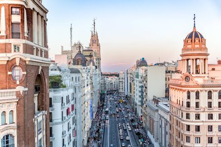 MADRID, SPAIN - JULY 17: View of Gran VÃ­a street after nine o'clock at night, where you can see the hustle and bustle of cars and people from this famous street in Madrid on July 17, 2016 in Madrid, Spainのeditorial素材