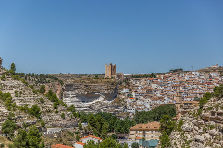 Fantastic view of one of the most beautiful villages in Spain called Alcala del Jucar in a sunny dayのeditorial素材