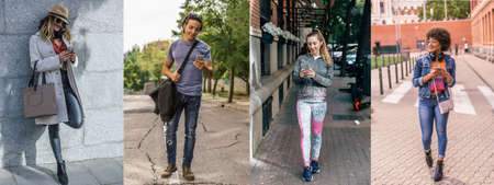A long haired dark haired boy, two blonde girls and a brunette girl write messages on their mobile...