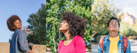 Two girls and a boy breathe relaxed with their eyes closed in a quiet parkの写真素材