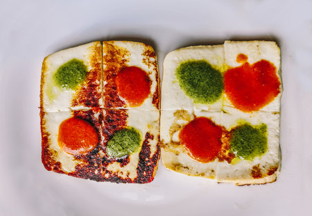 Plate with two pieces of grilled cheese with mojo, a traditional recipe that has been passed from father to son since time immemorial that includes garlic, a green pepper, vinegar and olive oilの写真素材