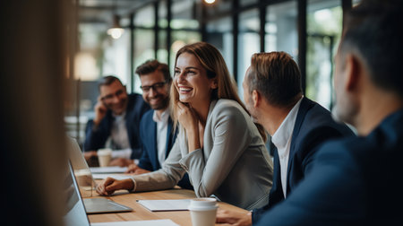 Image of a young professional woman with a gray suit and blonde hair, being the center of attention at a high-class business meetingの素材