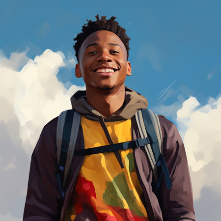 A young mixed-race man with a backpack smiling while walking on a sunny dayの素材