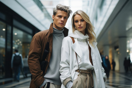 Attractive very modern and futuristic couple in a shopping center, Both dressed in fine and elegant coatsの素材