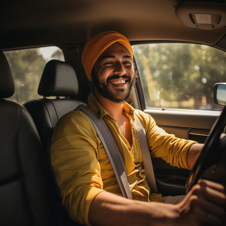 A indian driver a yellow shirt and orange head covering is seen driving a car, with the bright and sunny outdoor scene visible through the windowの素材