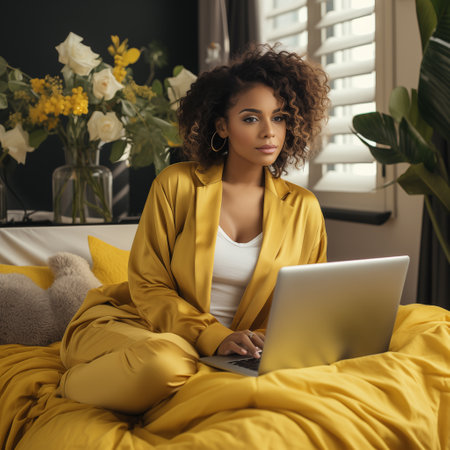 Young brown skinned woman concentrating in yellow attire while working with her laptop comfortably placed on the sofa at home.の素材
