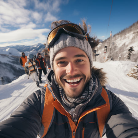 Smiling skier takes a selfie pic with his smartphone outside. Young man having fun in weekend activity at vacation ski resort doing winter sport.の素材