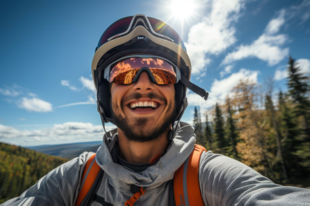 An explorer immersed in the beauty of nature. The individual, clad in a helmet and goggles, stands amidst a forested mountain area under a clear, sunny skyの素材