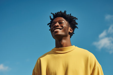 An afro man in a bright yellow top, adding a pop of color to the scene. The few clouds in the sky and the personâs dark curly hair peeking above the obscured face in a sunny dayの素材