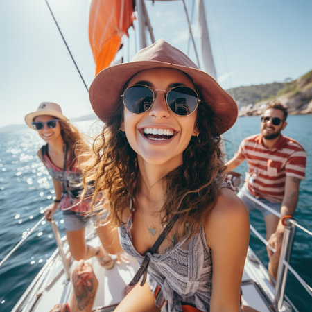 Radiant woman with a wide-brimmed hat enjoying a sailboat trip, friends in the background in a summer dayの素材