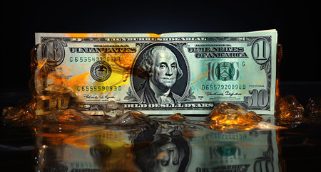 A vividly colored U.S. ten-dollar bill surrounded by melting ice cubes, reflecting in water below. Economy conceptの素材