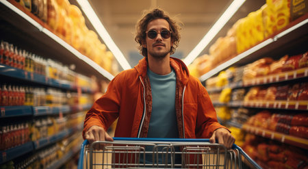 A stylish young man with sunglasses shopping, pushing a cart down a supermarket aisle. Inflation conceptの素材