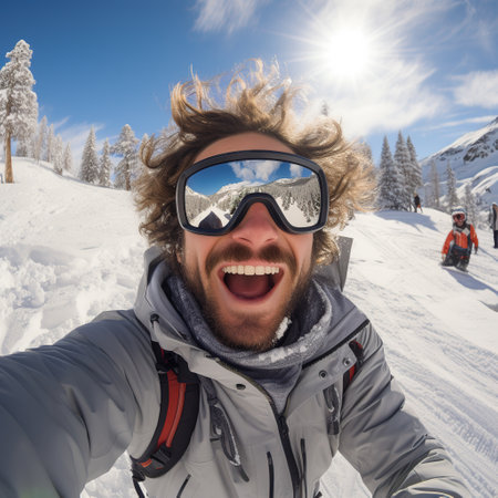 Cheerful skier takes a selfie on the snowy slopes under a bright sun in a winter dayの素材