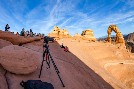 MOAB, UTAH - AUGUST 28: Views of the Delicate Arch in Arches National Park near Moab on August 28, 2015. The Delicate Arch is a famous picture motive for photographers.のeditorial素材