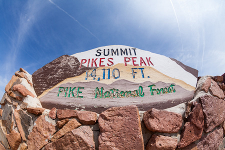 âPIKES PEAK, COLORADO - AUGUST 26: Views of the Pikes Peak sign plate on top of the mountain on August 26, 2015. Pikes Peak is a famous mountain in the Rocky Mountains for hill races and recreation.のeditorial素材