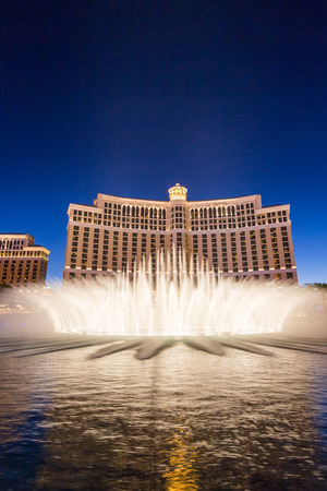 LAS VEGAS, NEVADA - SEPTEMBER 8: Exterior views of the Bellagio Casino on the strip on September 8, 2015. The Bellagio is a famous and popular luxury casino with a big lake in front of it.のeditorial素材