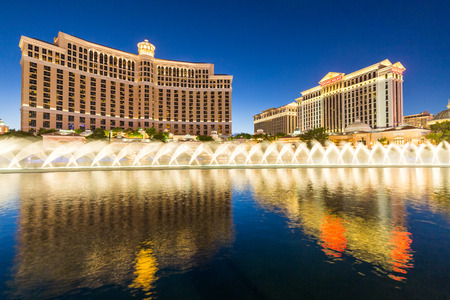 LAS VEGAS, NEVADA - SEPTEMBER 8: Exterior views of the Bellagio Casino on the strip on September 8, 2015. The Bellagio is a famous and popular luxury casino with a big lake in front of it.のeditorial素材