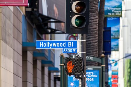 HOLLYWOOD, LOS ANGELES - SEPTEMBER 11: Views of the Walk of Fame and the Buildings at the Hollywood Boulevard on September 11, 2015. This street is an icon for the Movie industry in Hollywood.のeditorial素材