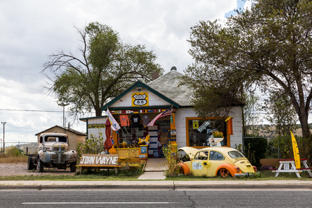 SELIGMAN, ARIZONA - SEPTEMBER 6: Views of the route 66 decorations in the city of Seligman in Arizona on September 6, 2015. Seligman is a small city along the historic route 66, now it is Freeway 40.のeditorial素材