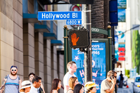 HOLLYWOOD, LOS ANGELES - SEPTEMBER 11: Views of the Walk of Fame and the Buildings at the Hollywood Boulevard on September 11, 2015. This street is an icon for the Movie industry in Hollywood.のeditorial素材