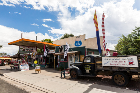 SELIGMAN, ARIZONA - SEPTEMBER 6: Views of the route 66 decorations in the city of Seligman in Arizona on September 6, 2015. Seligman is a small city along the historic route 66, now it is Freeway 40.のeditorial素材