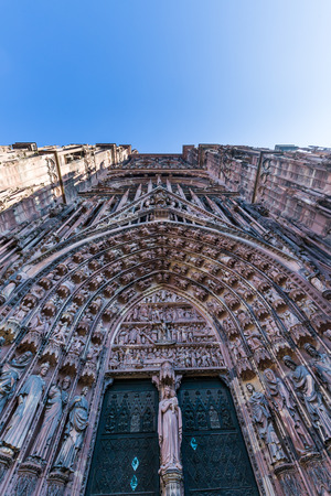 STRASBOURG, FRANCE - NOVEMBER 5: Exterior views of Cathedral of Our Lady in the old town part of Strasbourg on November 5, 2015. Strasbourg is a city in region Alsace in France.のeditorial素材
