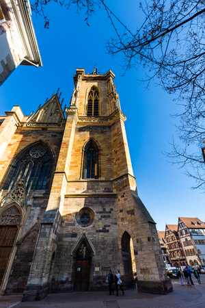 COLMAR, FRANCE - NOVEMBER 5: Exterior views of St. Martins Church in the old town part of Colmar on November 5, 2015. Colmar is a city in region Alsace in France.のeditorial素材