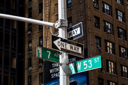 NEW YORK - AUGUST 22: View to the W 53th St and 7th Av street sign in New York on August 22, 2015. Its a intersection in the Midtown district of Manhattan, New York.のeditorial素材