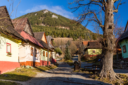 VLKOLINEC, SLOVAKIA - DECEMBER 24: Views of the village Vlkolinec and its typical heritage houses on December 24, 2015. Vlkolinec is a Unesco protected village near the town Ruzomberok in Slovakia.のeditorial素材