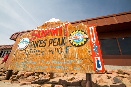 âPIKES PEAK, COLORADO - AUGUST 26: Views of the Pikes Peak sign plate on top of the mountain on August 26, 2015. Pikes Peak is a famous mountain in the Rocky Mountains for hill races and recreation.のeditorial素材
