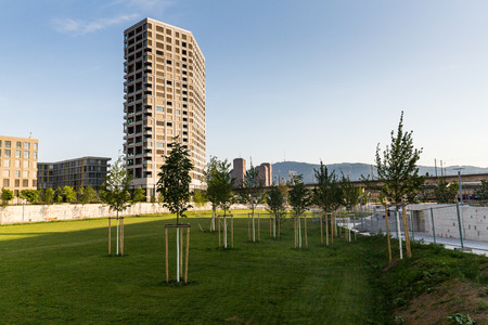 ZURICH, SWITZERLAND - JULY 4: Industrial and urban buildings in the modern town part district 5 of Zurich at evening of July 4, 2015. Zurich is the biggest city in Switzerland.のeditorial素材