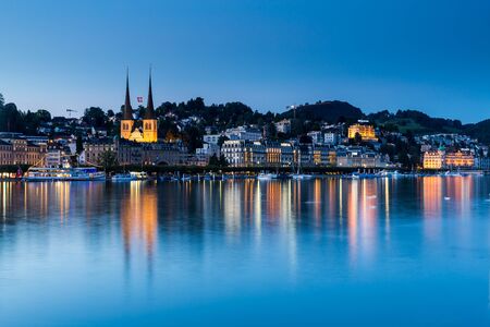 LUCERNE, SWITZERLAND - AUGUST 2: Views from the lake promenade of the old town in Lucerne on August 2, 2015. Lucerne is a famous tourist destination in Switzerland.のeditorial素材