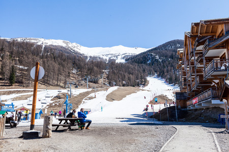 LES ORRES, HAUTES-ALPES, FRANCE - APRIL 6: Outdoor views of the ski resort Les Orres in departement Hautes-Alpes, France on April 6, 2015. Les Orres is a ski area between the cities Briancon and Gapのeditorial素材