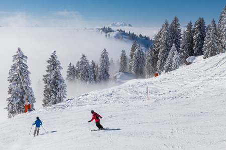 IBERGEREGG, SCHWYZ, SWITZERLAND - FEBRUARY 7: Viem from the hilltop of Mountain Ibergeregg on February 7, 2015. Ibergeregg is a high mountain pass and ski resort in the swiss alps.のeditorial素材