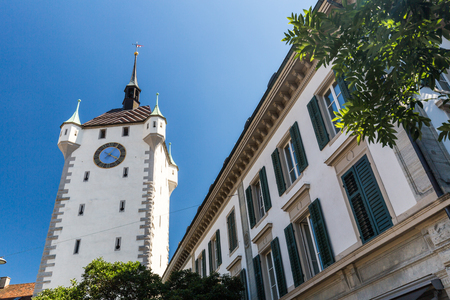 BADEN, AARGAU, SWITZERLAND - JUNE 30, 2015: Exterior views of the tower Stadtturm in Baden on June 30, 2015. Baden is a municipality in the Swiss canton of Aargau, located 25 km (16 mi) northwest of Zurich.のeditorial素材
