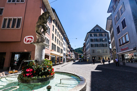 BADEN, AARGAU, SWITZERLAND - JUNE 30, 2015: Exterior views of the old town part of Baden on June 30, 2015. Baden is a municipality in the Swiss canton of Aargau, located 25 km (16 mi) northwest of Zurich.のeditorial素材
