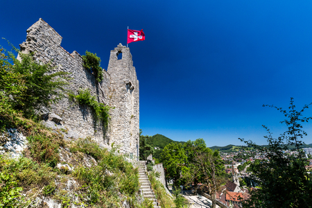 BADEN, AARGAU, SWITZERLAND - JUNE 30, 2015: View from Ruin Stein to the city of Baden on June 30, 2015. Baden is a municipality in the Swiss canton of Aargau, located 25 km (16 mi) northwest of Zurich.のeditorial素材
