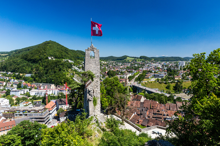 BADEN, AARGAU, SWITZERLAND - JUNE 30, 2015: View from Ruin Stein to the city of Baden on June 30, 2015. Baden is a municipality in the Swiss canton of Aargau, located 25 km (16 mi) northwest of Zurich.のeditorial素材